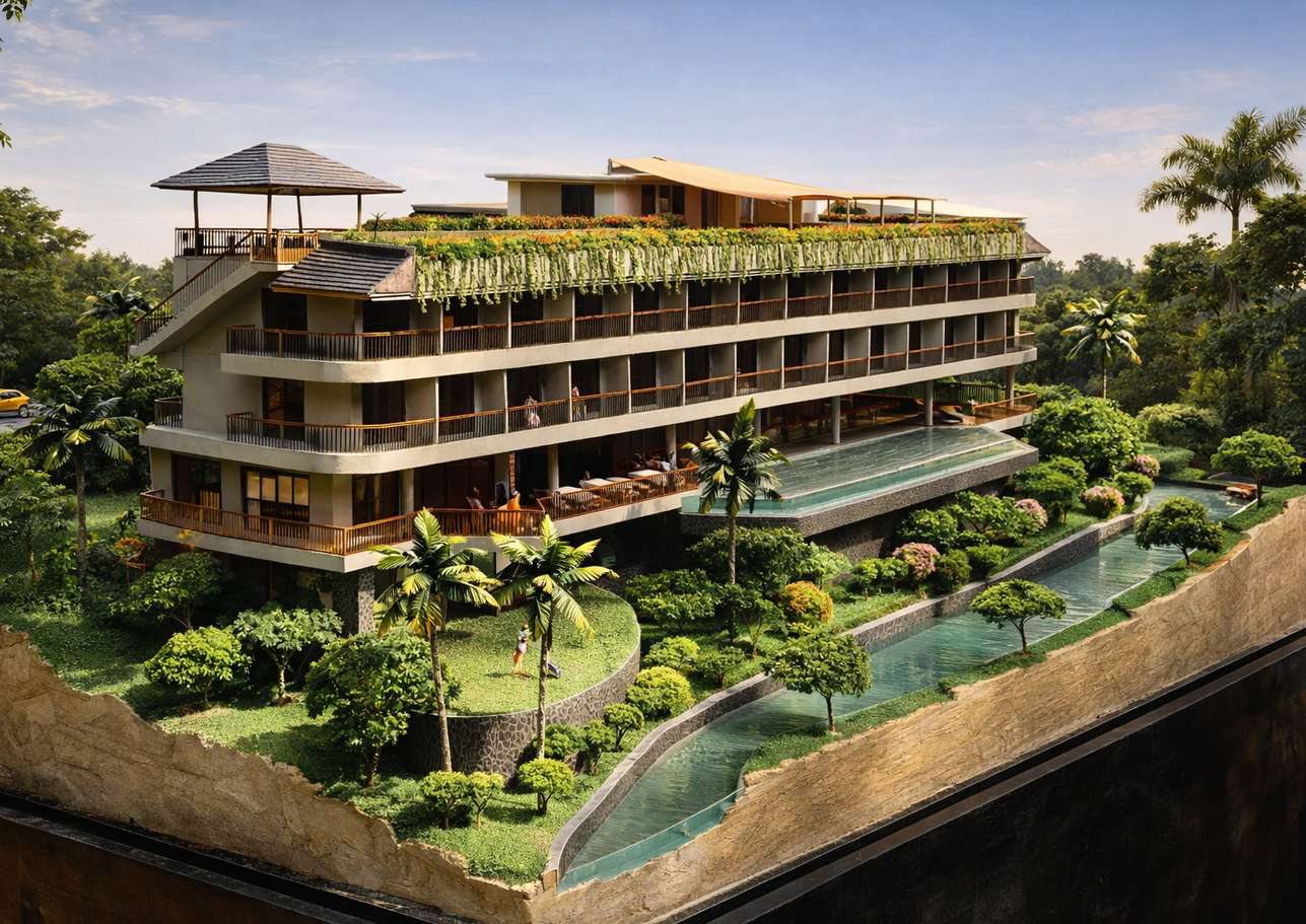 Aling-Aling Waterfall Resort terraced above the green valley in Sambangan, North Bali